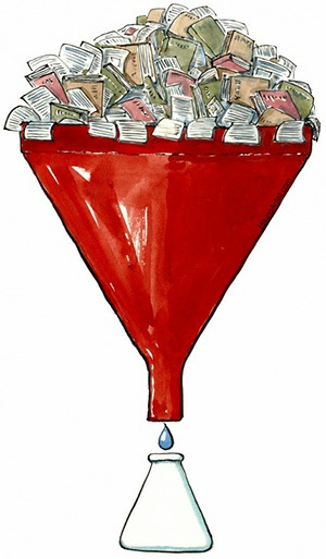 ภาพประกอบ: การกลั่น (distillation) — เทกองข้อมูลและตำรามหาศาลลงกรวยสีแดง เพื่อให้เหลือเฉพาะ "แก่น" ที่สำคัญ
