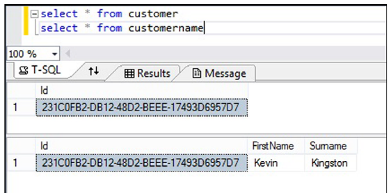 รูปที่ 15-3: ข้อมูลที่ persist จริง — Id ของ Customer ถูกใช้เป็น foreign key เชื่อมตาราง Customer กับ CustomerName